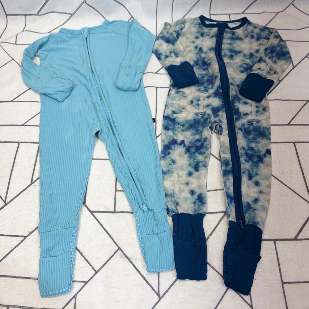 The Sleepy Sloth Bamboo Rompers 6-12M Blue Tie Dye Ribbed Zip‎ Sleepers Set of 2